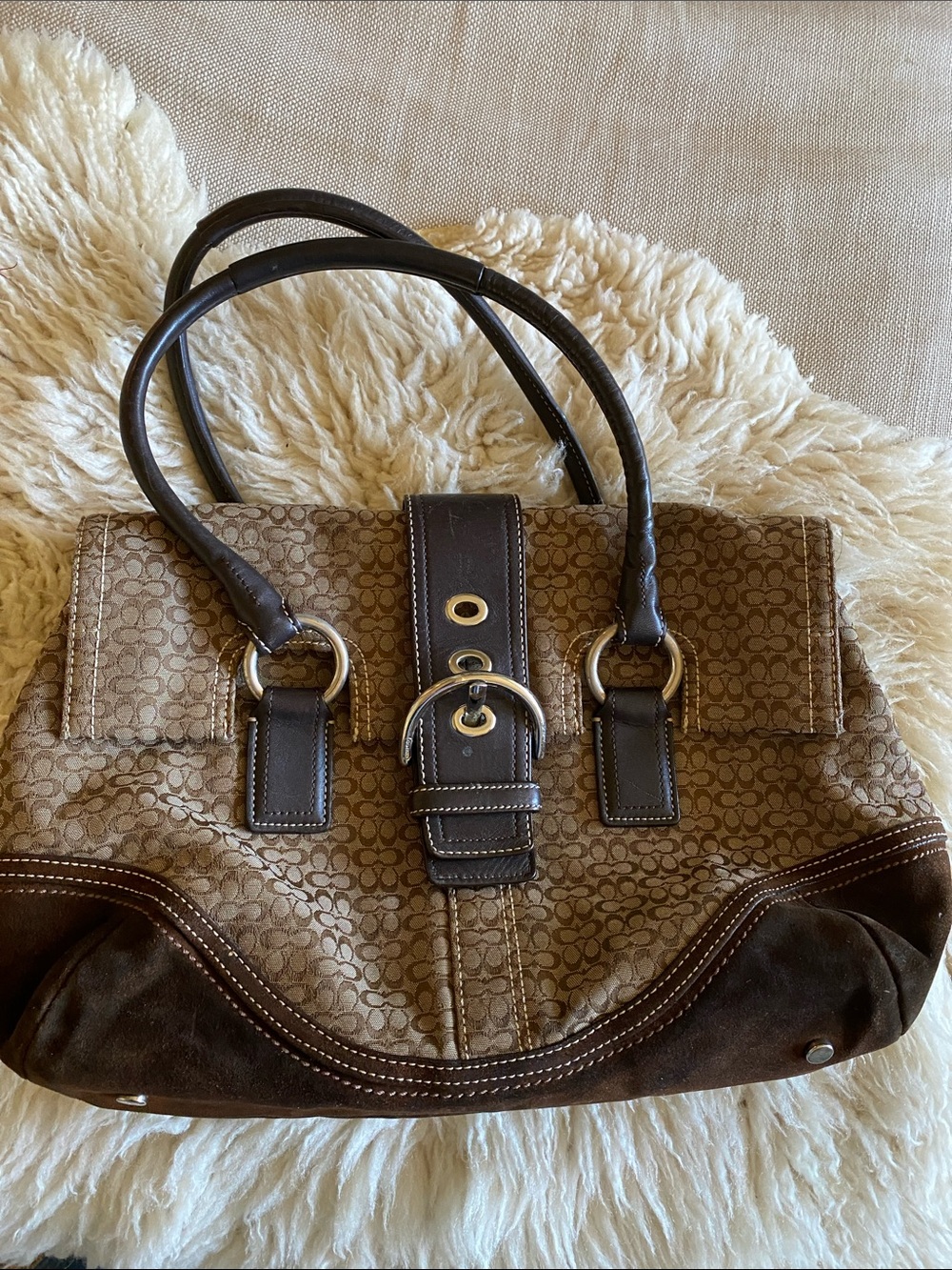 Coach Brown Signature Canvas Shoulder Bag with Dark Brown Trim